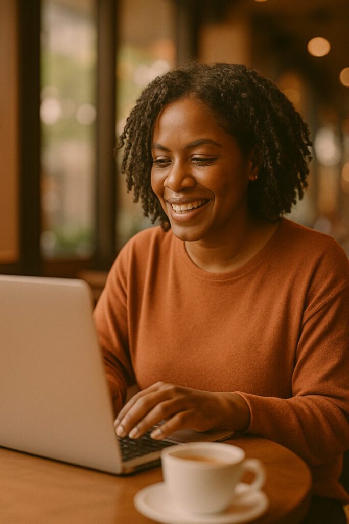 smiling at work in the café smiling at work in the café